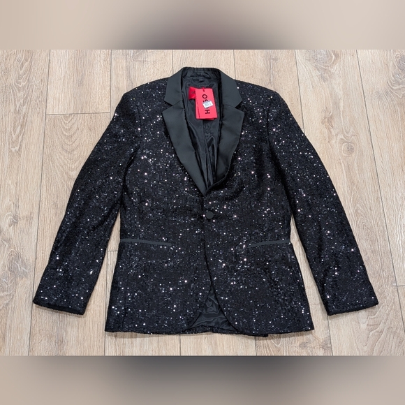 $695 Mens HUGO Hugo Boss Sequin Notch Lapel Stretch Blazer Black 38R